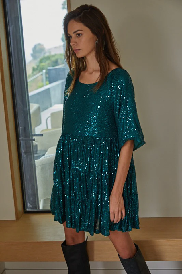 Sequin Tiered Ruffle Short Sleeve Crew Neck Babydoll Mini Party Dress 38
