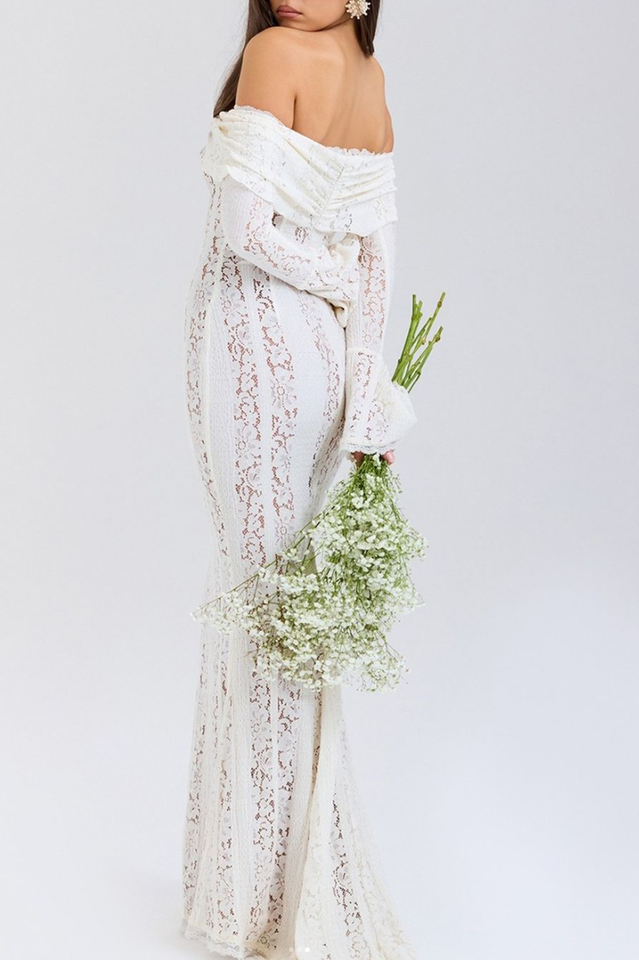 Belle Floral Lace Off Shoulder Maxi Dress in White - View 2