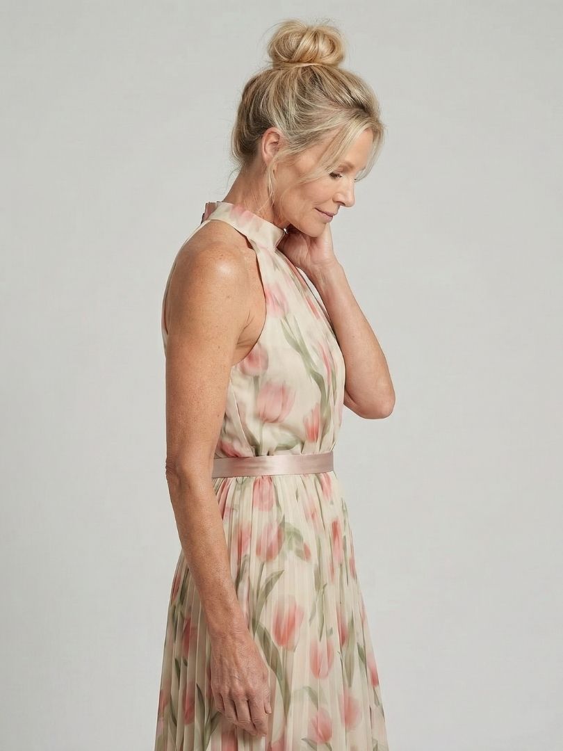 Tulip Floral Halter Neck Pleated Belted Maxi Dress 2