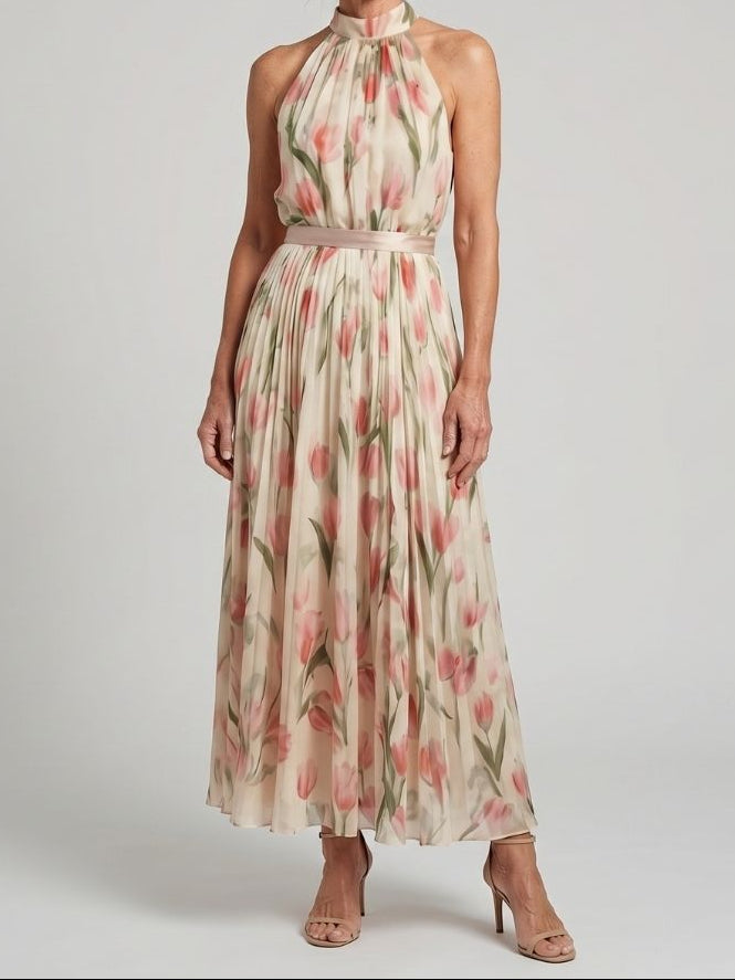 Tulip Floral Halter Neck Pleated Belted Maxi Dress