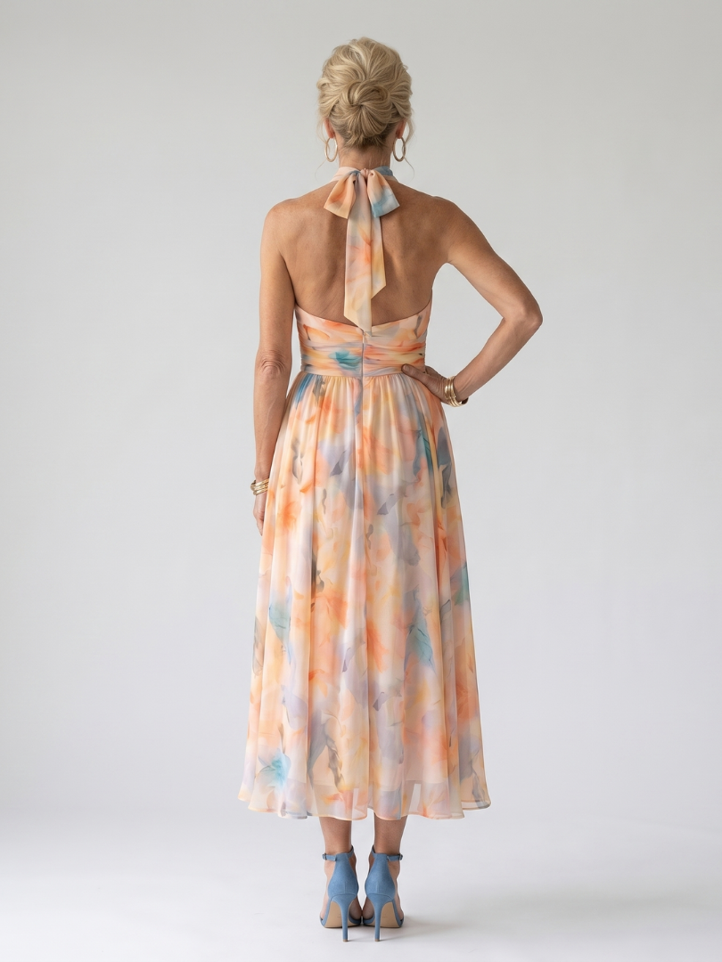 Watercolor Floral Halter Neck Pleated Midi Dress 3