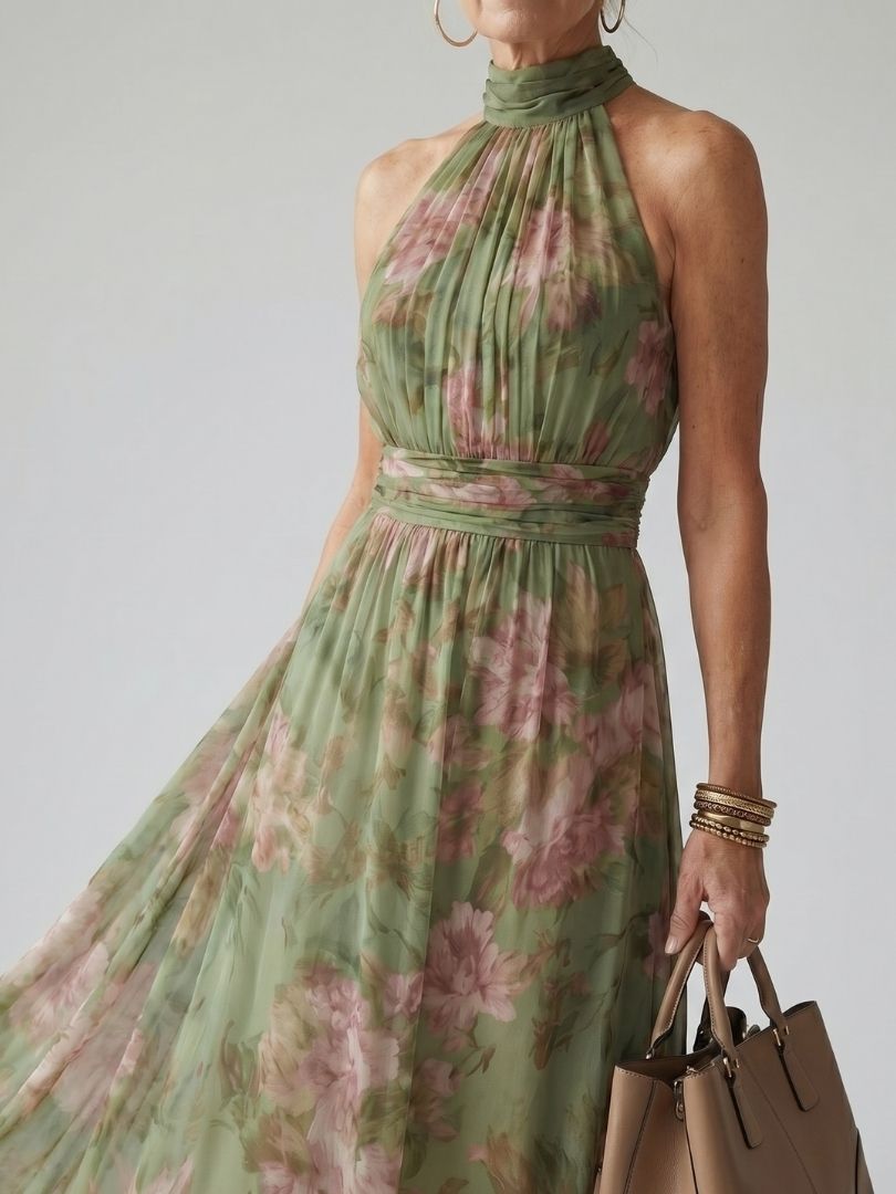 Floral Halter Neck Sleeveless Ruched Waist Maxi Dress 2