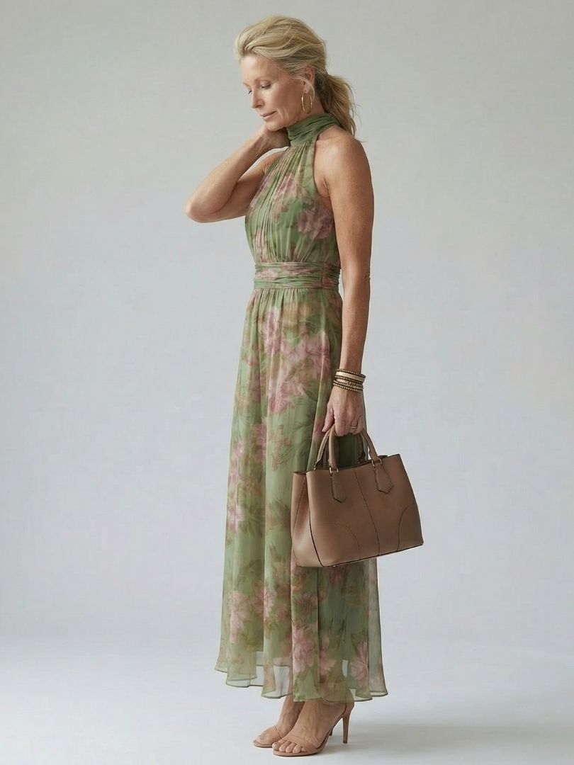 Floral Halter Neck Sleeveless Ruched Waist Maxi Dress 3
