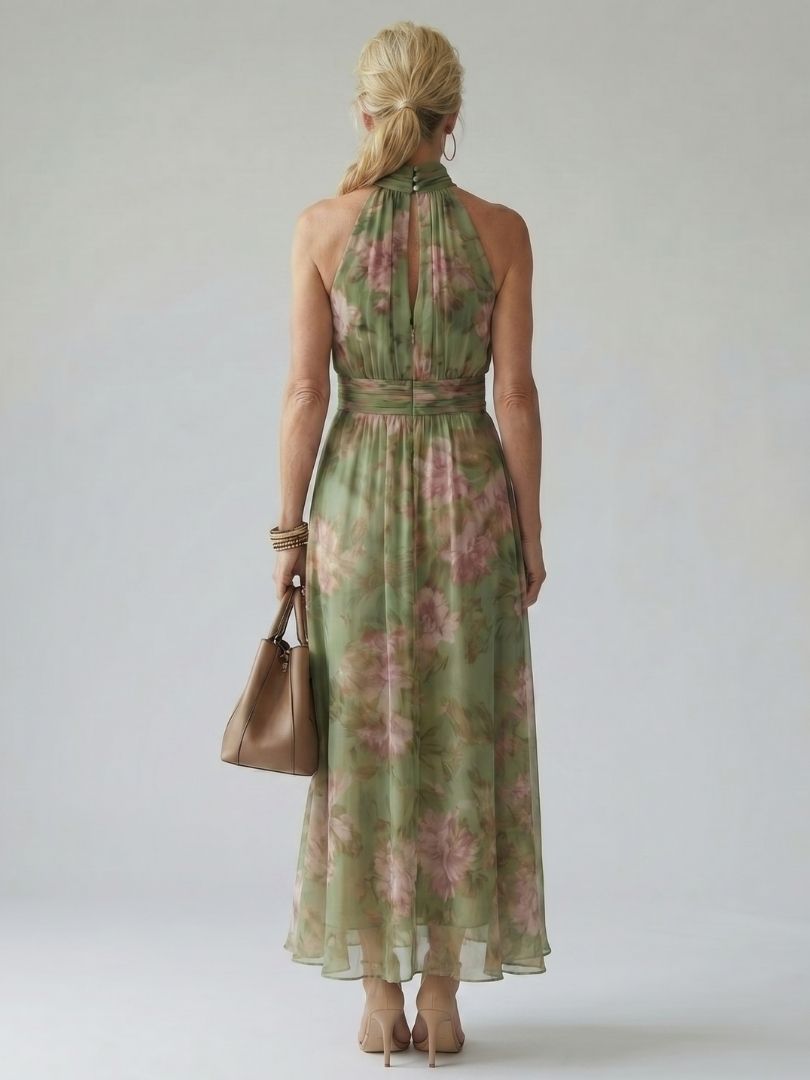 Floral Gathered Halter Neck Sleeveless Chiffon Maxi Dress 4
