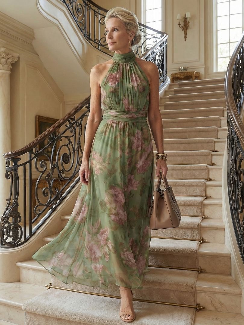 Floral Halter Neck Sleeveless Ruched Waist Maxi Dress 6