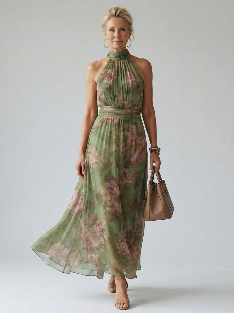 Floral Halter Neck Ruched Maxi Dress