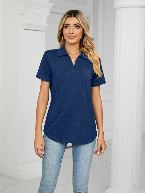 Collared V-Neck Short Sleeve Pocket Polo Top 9