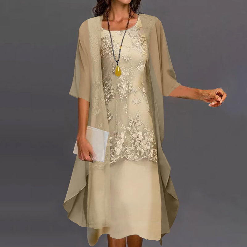 Floral Lace Embroidered Dress Chiffon Open Front Duster Two Piece Set - View 3