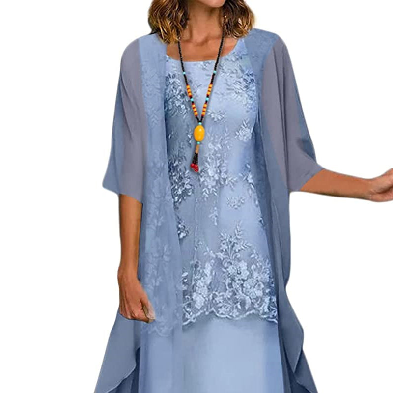 Floral Lace Embroidered Dress Chiffon Open Front Duster Two Piece Set - View 4