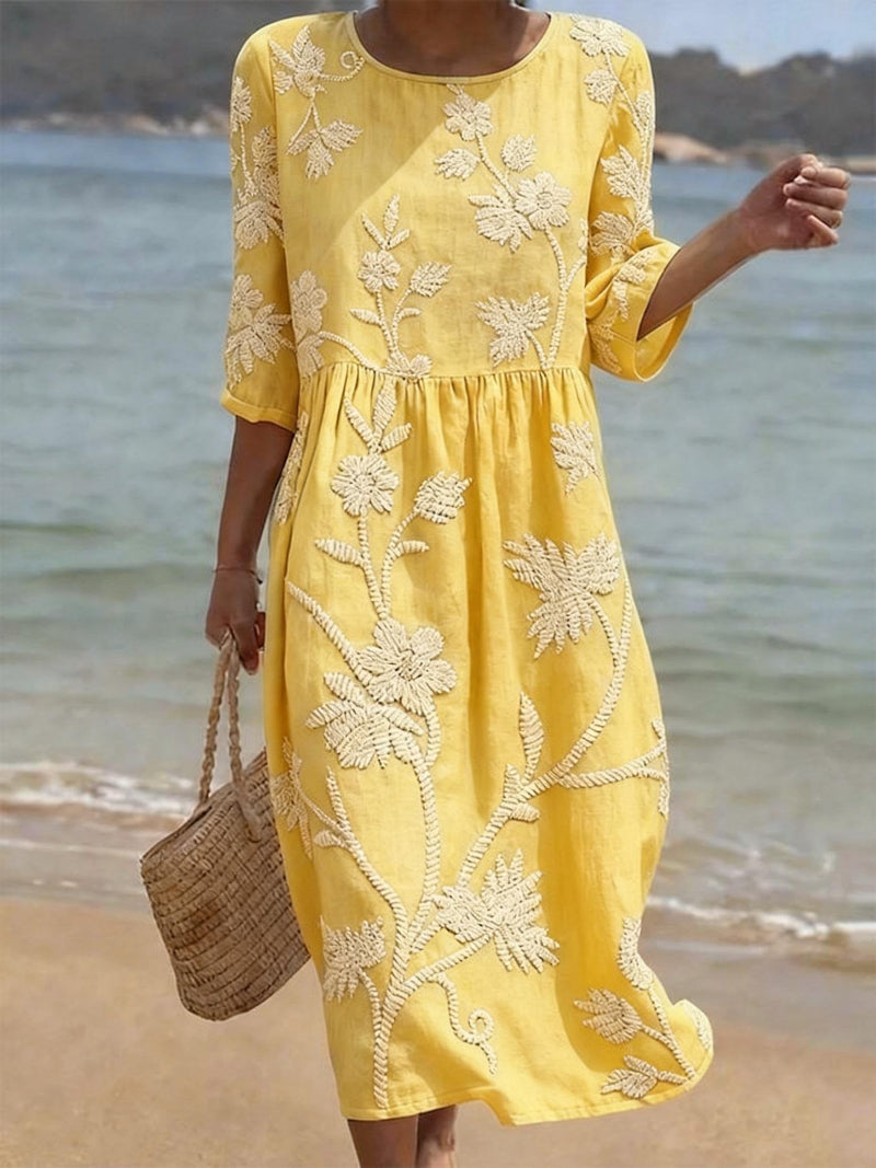 Floral Embroidered Round Neck Half Sleeve Midi Dress