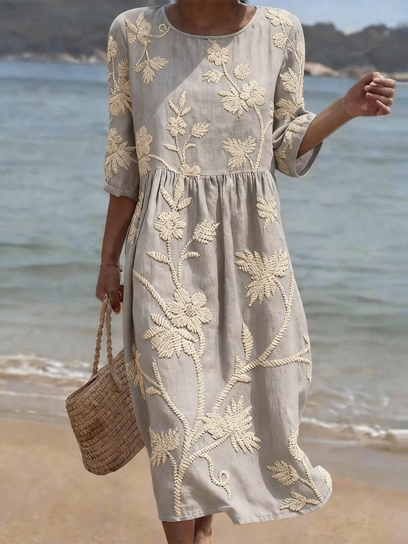 Floral Embroidered Crew Neck Babydoll Midi Dress