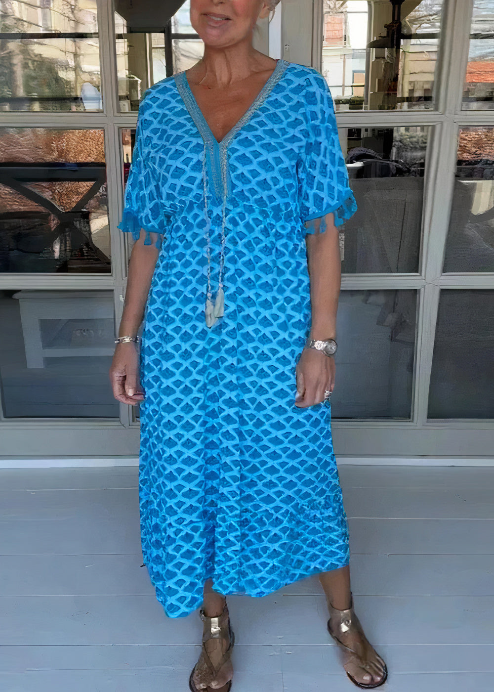 Deep V-Neck Diamond Lace Overlay Tassel Trim Short Sleeve Midi Dress - View 7