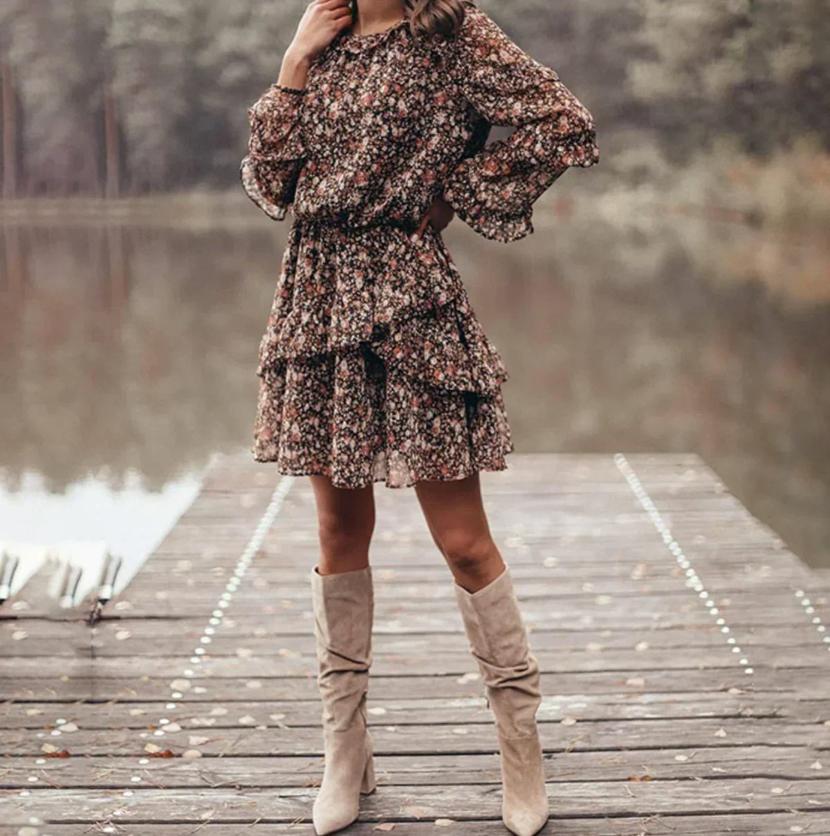 Floral Print Ruffle Neck Long Sleeve Tiered Ruffle Mini Dress