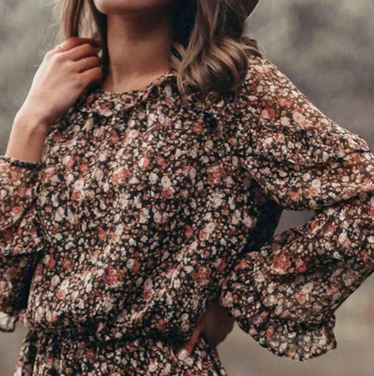 Floral Print Ruffle Neck Long Sleeve Tiered Ruffle Mini Dress - View 3
