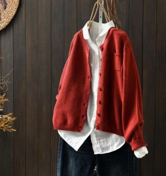 Button Front Patch Pocket Drop Shoulder Knit Cardigan
