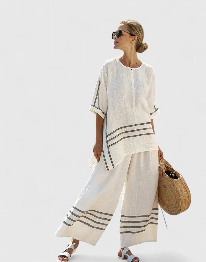 Striped Short Sleeve Top and Wide Leg Pants Two Piece Set 10