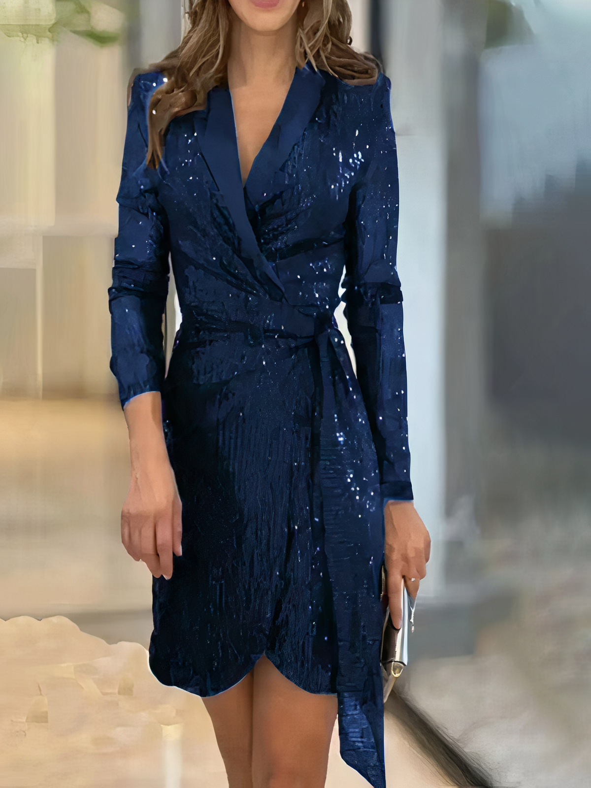 Sequin Wrap Blazer Lapel Deep V-Neck Long Sleeve Mini Party Dress - View 2