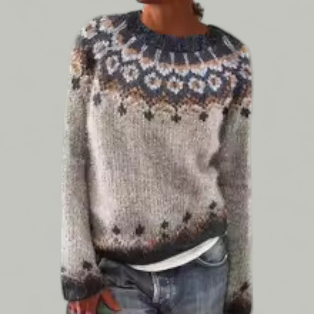 Crew Neck Long Sleeve Fair Isle Knit Sweater