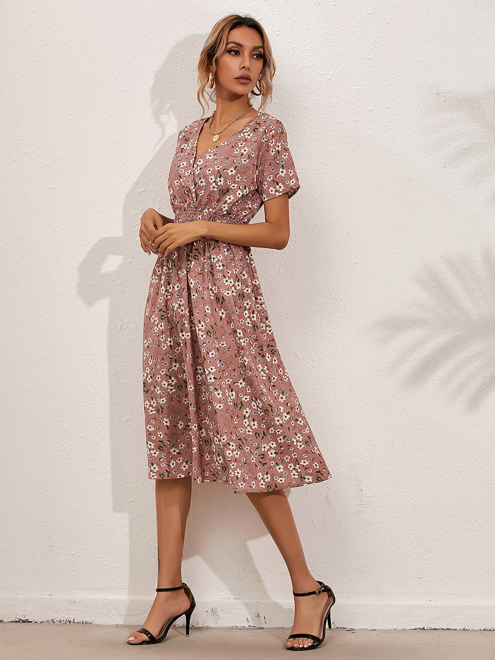 Wrap V-Neck Flutter Sleeve Smocked Waist A-Line Midi Summer Dress - View 7