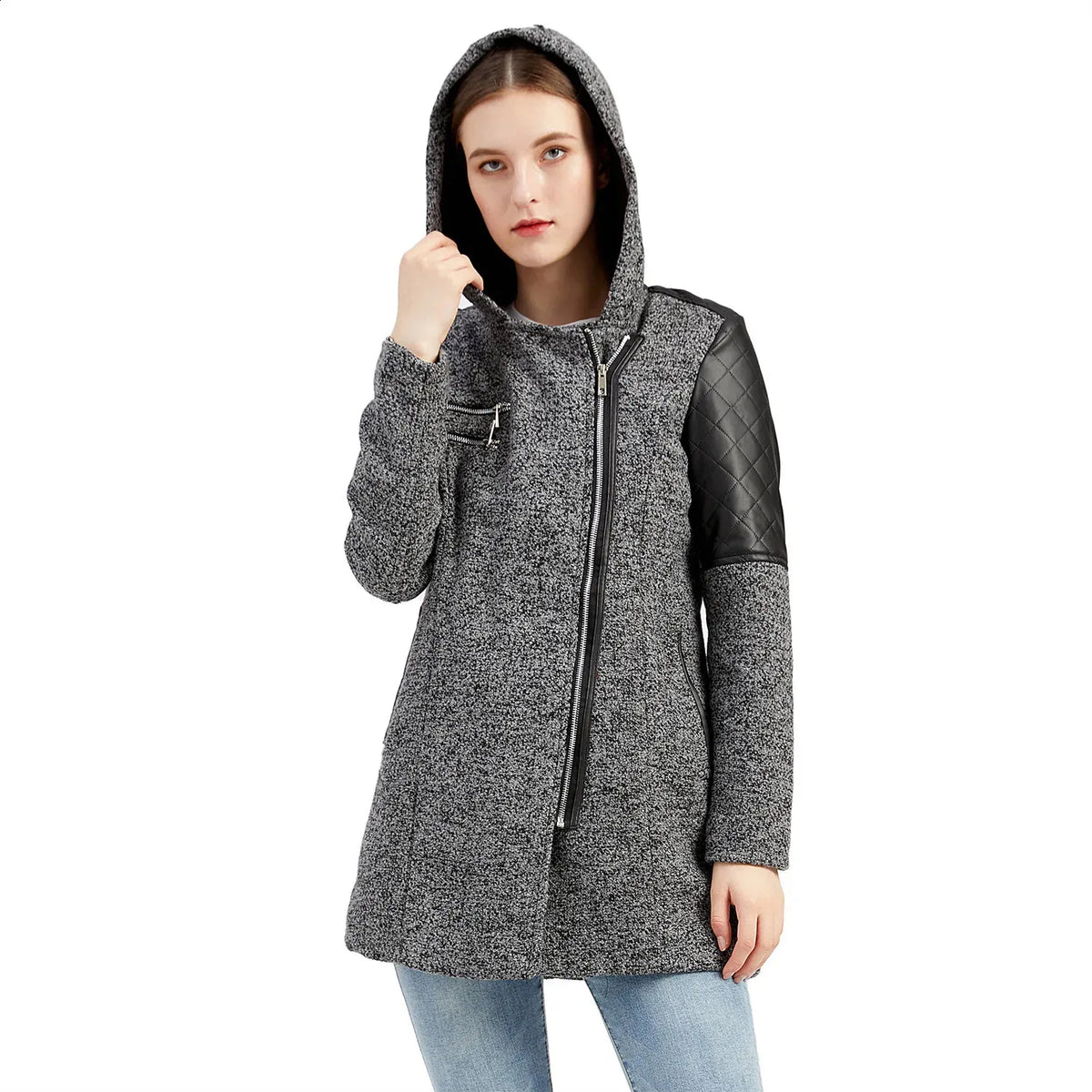 Hooded Zip Front Quilted Sleeve Longline Coat