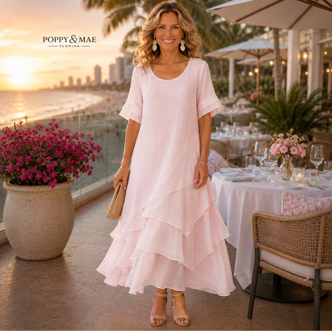 Round Neck Flutter Sleeve Tiered Ruffle Flowy Maxi Dress