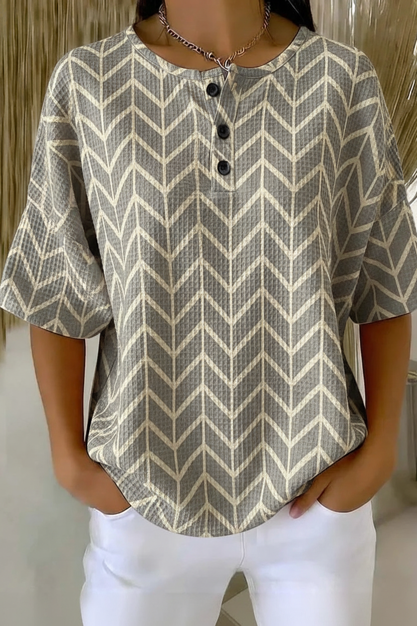 Chevron Print Waffle Knit Button Henley Short Sleeve Top