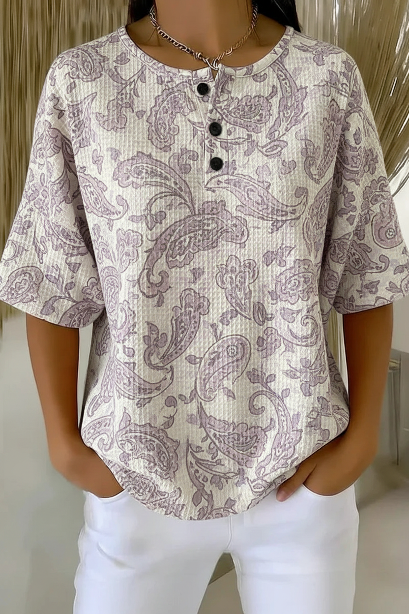 Large Paisley Print Henley Button Half Sleeve Waffle Knit Top