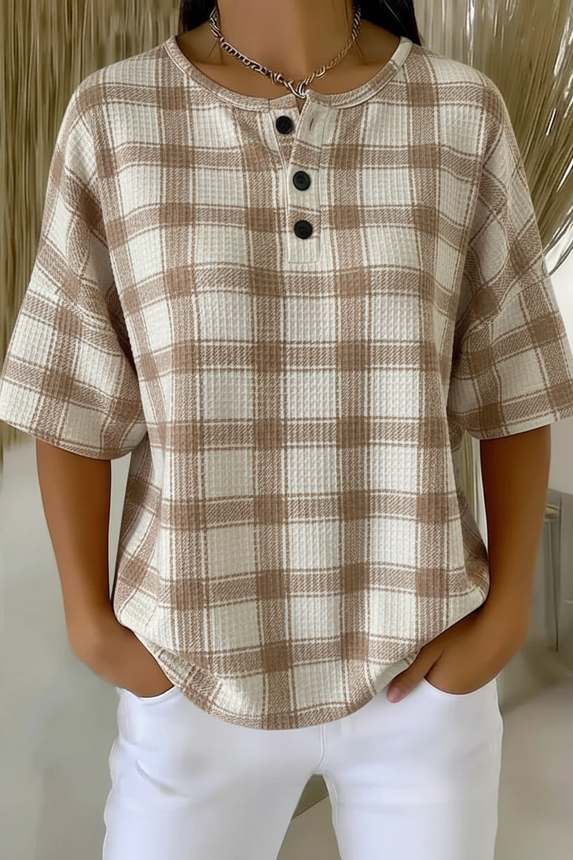 Plaid Waffle Knit Button Henley Short Sleeve Top