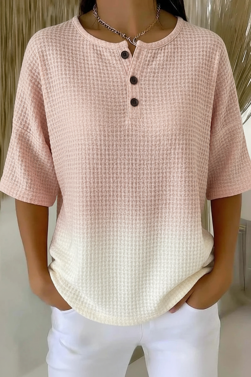 Waffle Knit Button Henley Short Sleeve Oversized Top