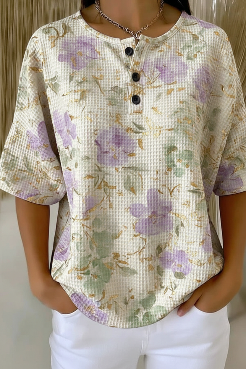 Floral Waffle Knit Button Henley Short Sleeve Top
