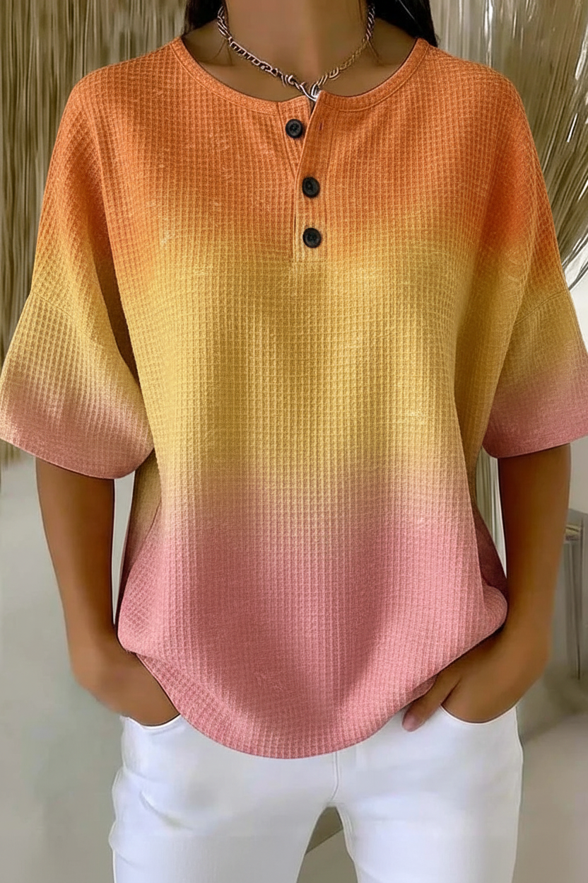 Ombre Gradient Short Sleeve Waffle Knit Henley Top