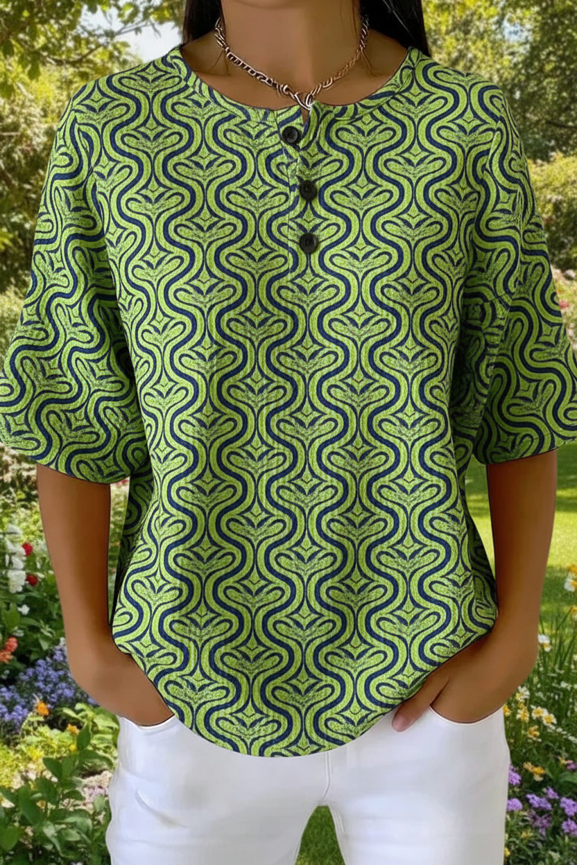 Geometric Wave Print Waffle Knit Short Sleeve Henley Top