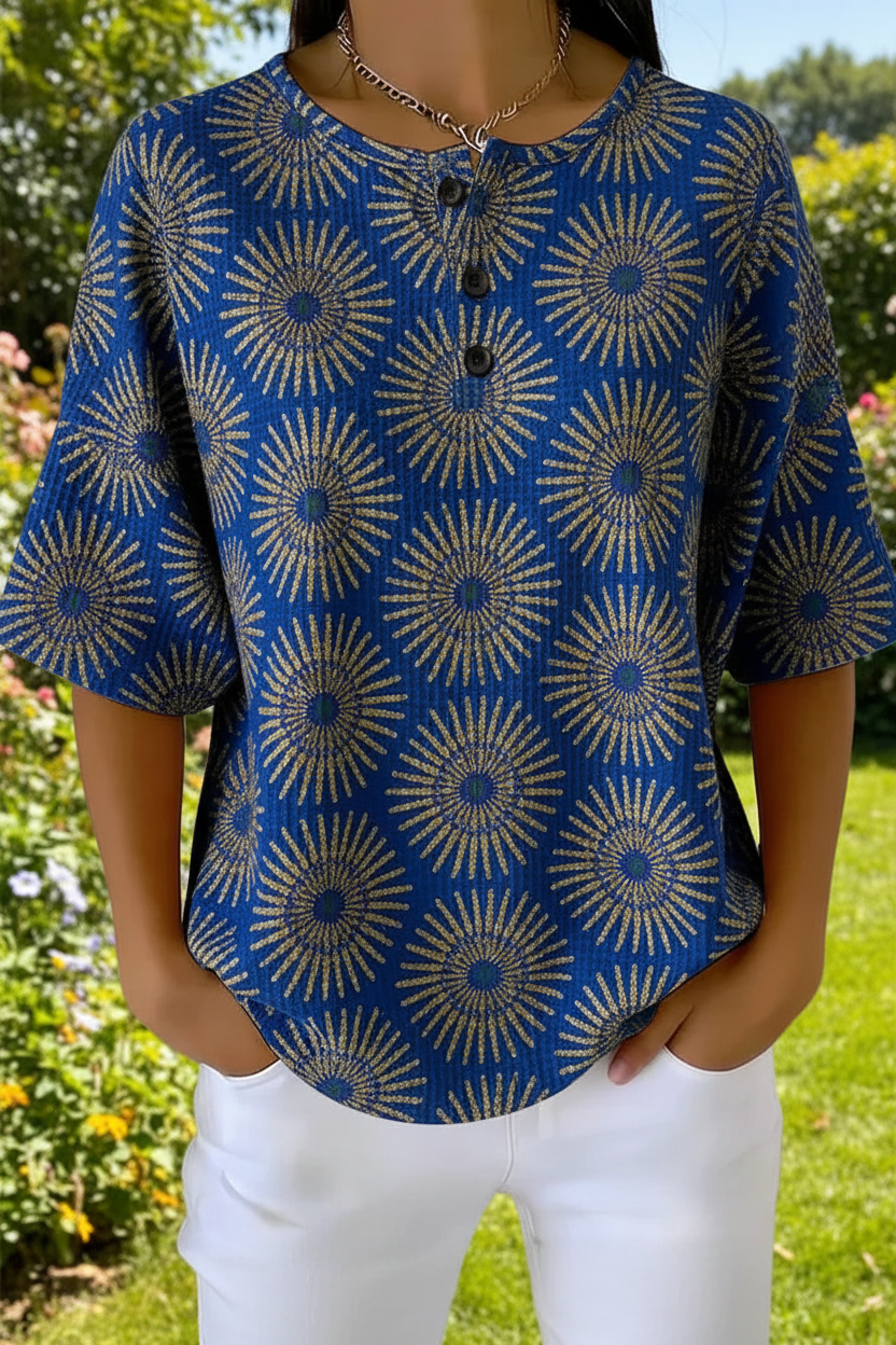 Sunburst Print Button Henley Waffle Knit Top