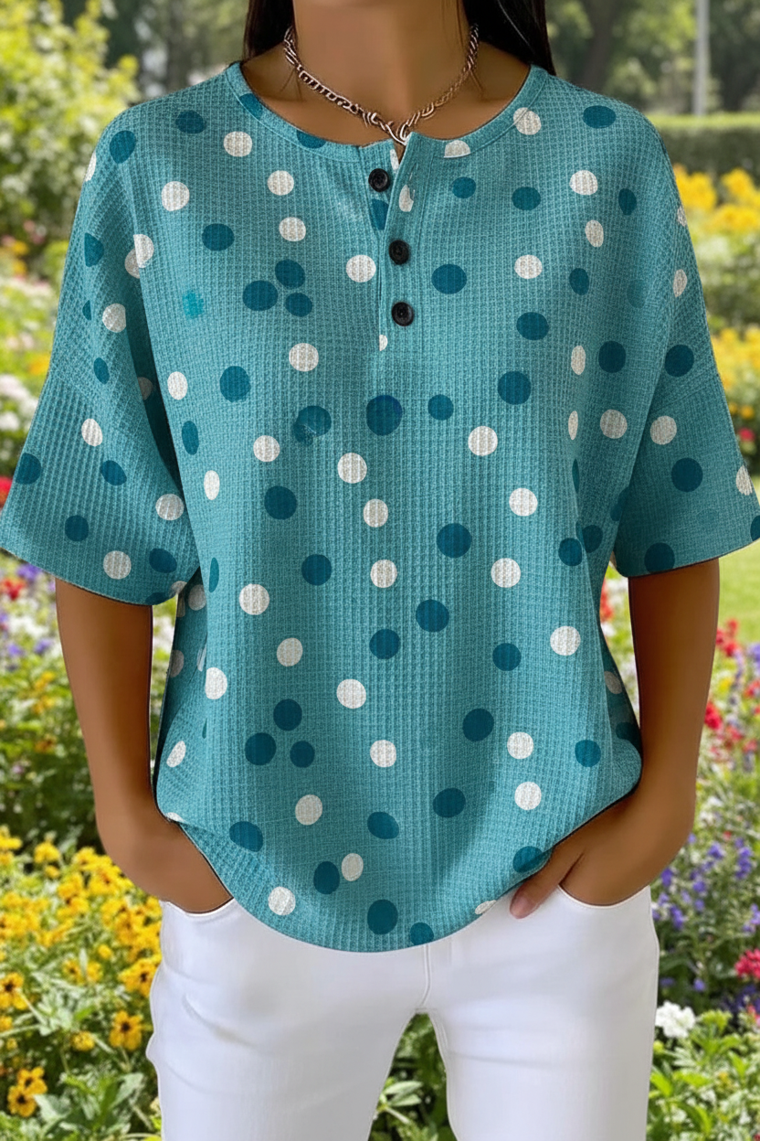 Polka Dot Waffle Knit Short Sleeve Henley Top