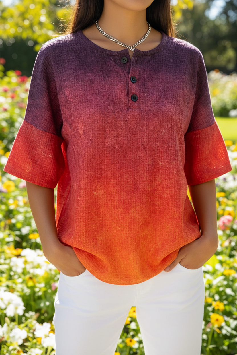 Gradient Ombre Waffle Knit Button Neck Short Sleeve Top