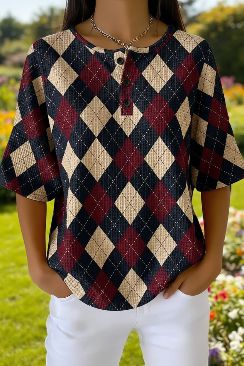 Argyle Print Waffle Knit Short Sleeve Henley Top