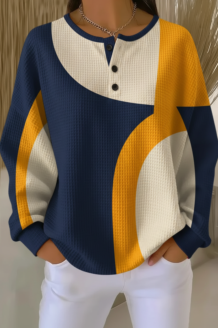 Geometric Colorblock Waffle Knit Long Sleeve Henley Sweatshirt