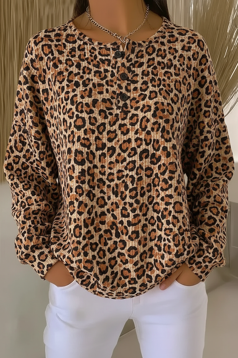 Leopard Print Button Henley Long Sleeve Top