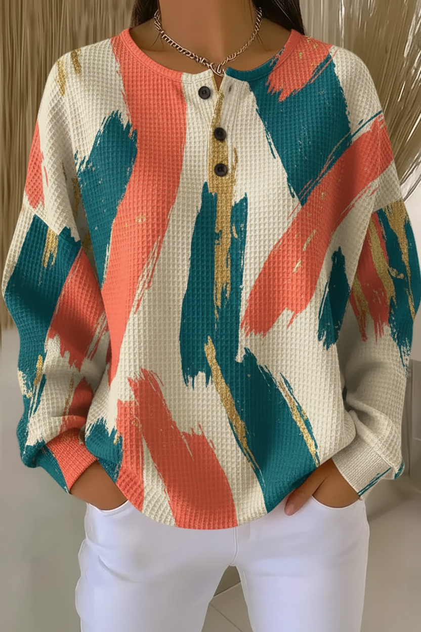Abstract Brushstroke Print Long Sleeve Waffle Sweatshirt
