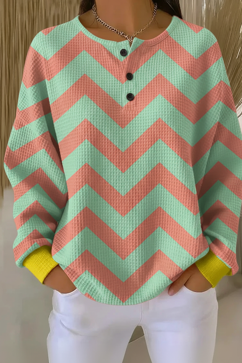 Chevron Print Henley Neck Long Sleeve Waffle Sweatshirt