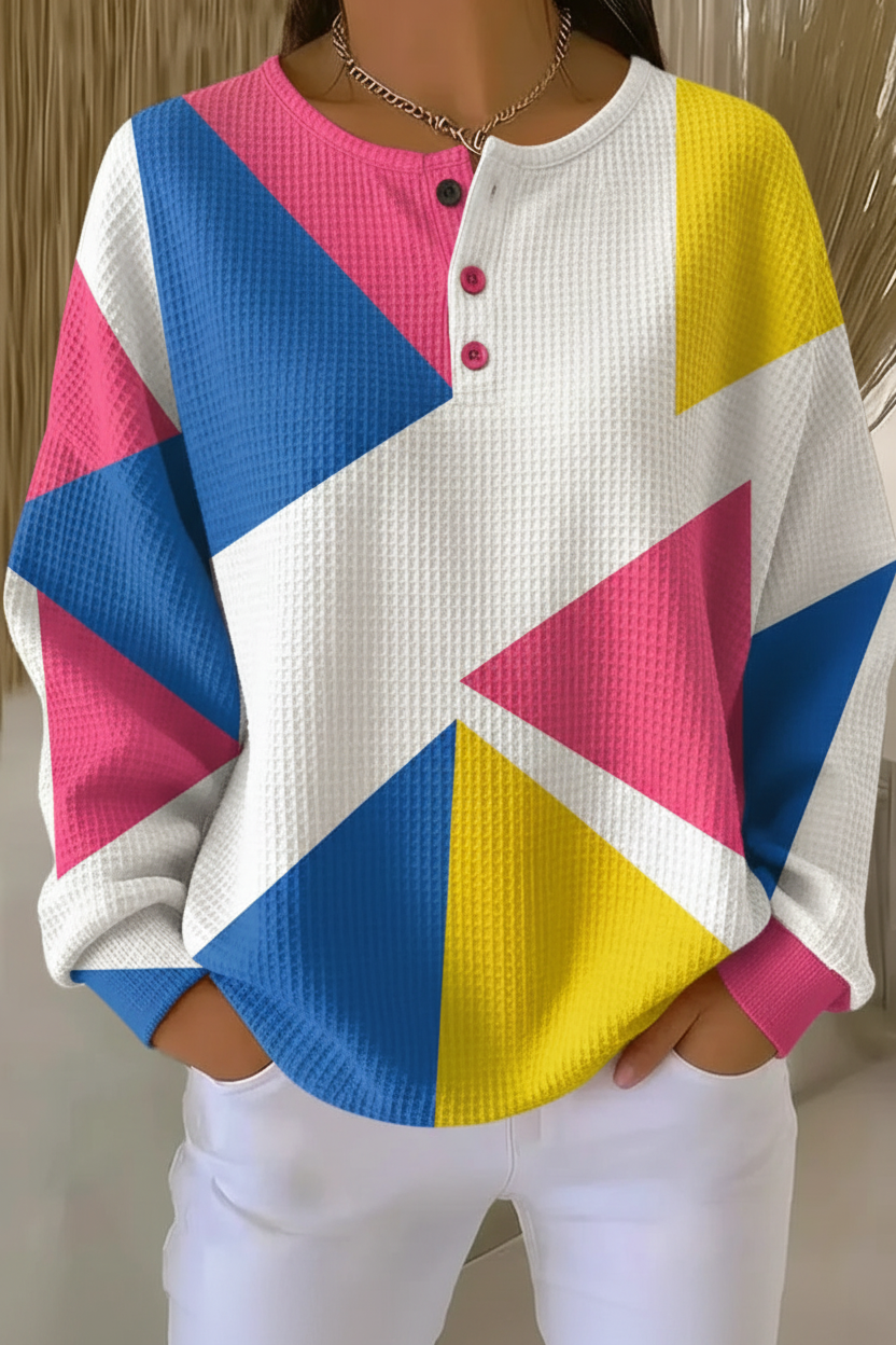 Geometric Colorblock Waffle Knit Button Henley Sweatshirt