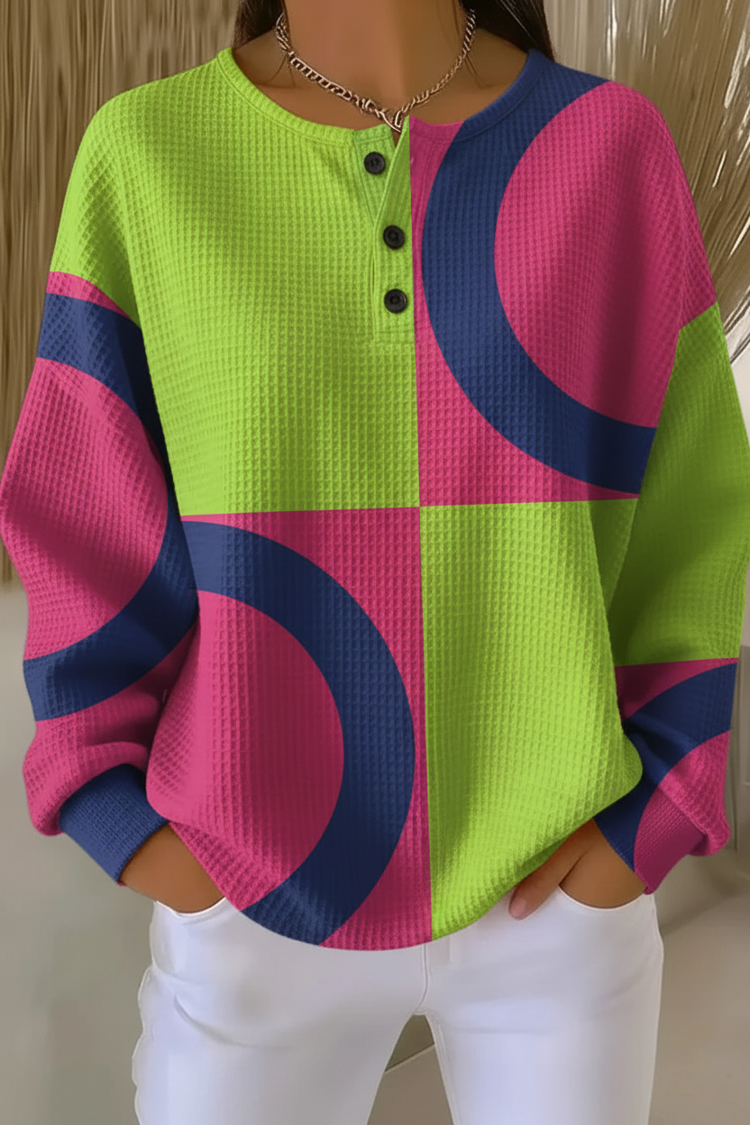 Geometric Circle Waffle Knit Henley Long Sleeve Top