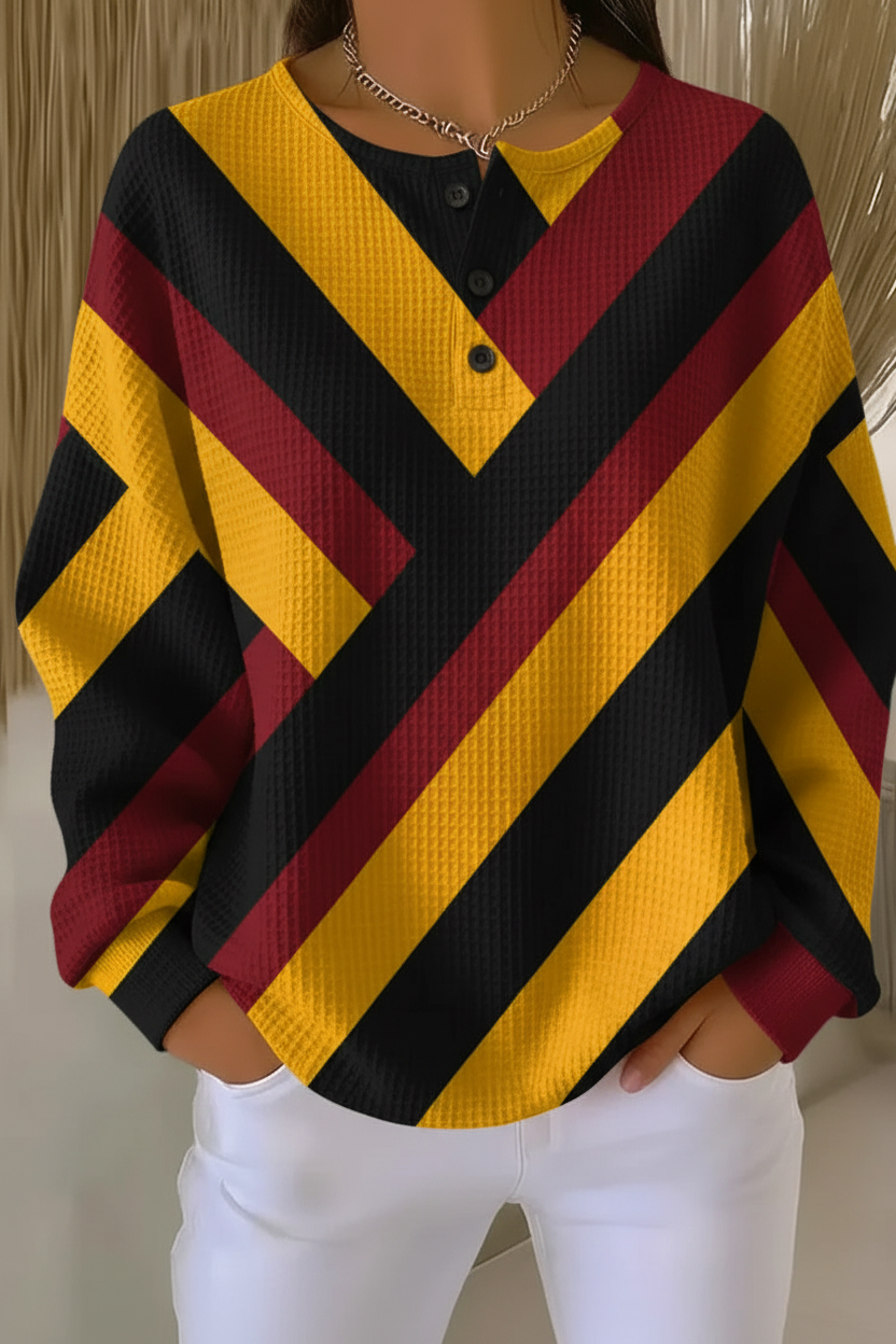 Chevron Stripe Button Henley Long Sleeve Waffle Sweatshirt