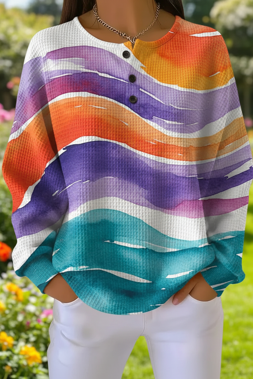 Watercolor Wave Print Long Sleeve Waffle Knit Sweatshirt
