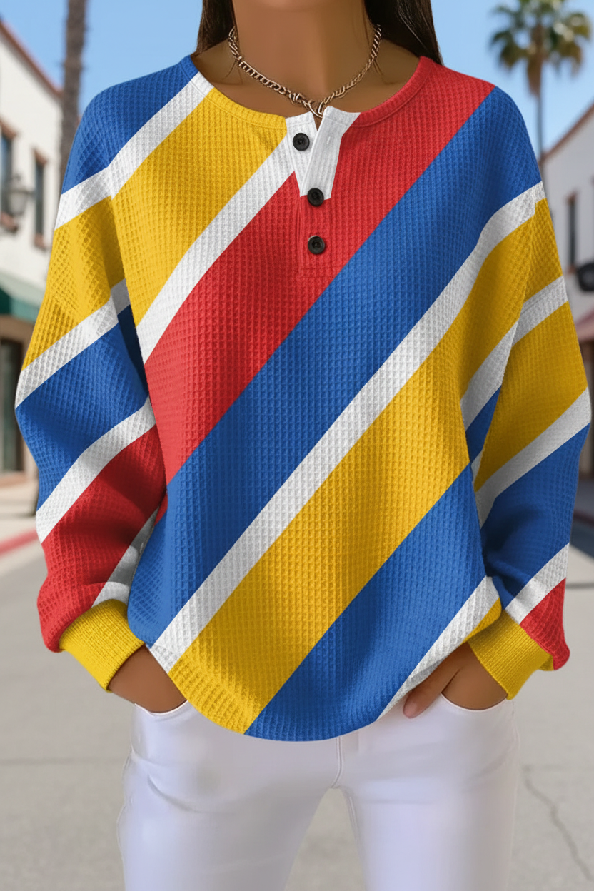 Diagonal Stripe Waffle Knit Button Henley Long Sleeve Top