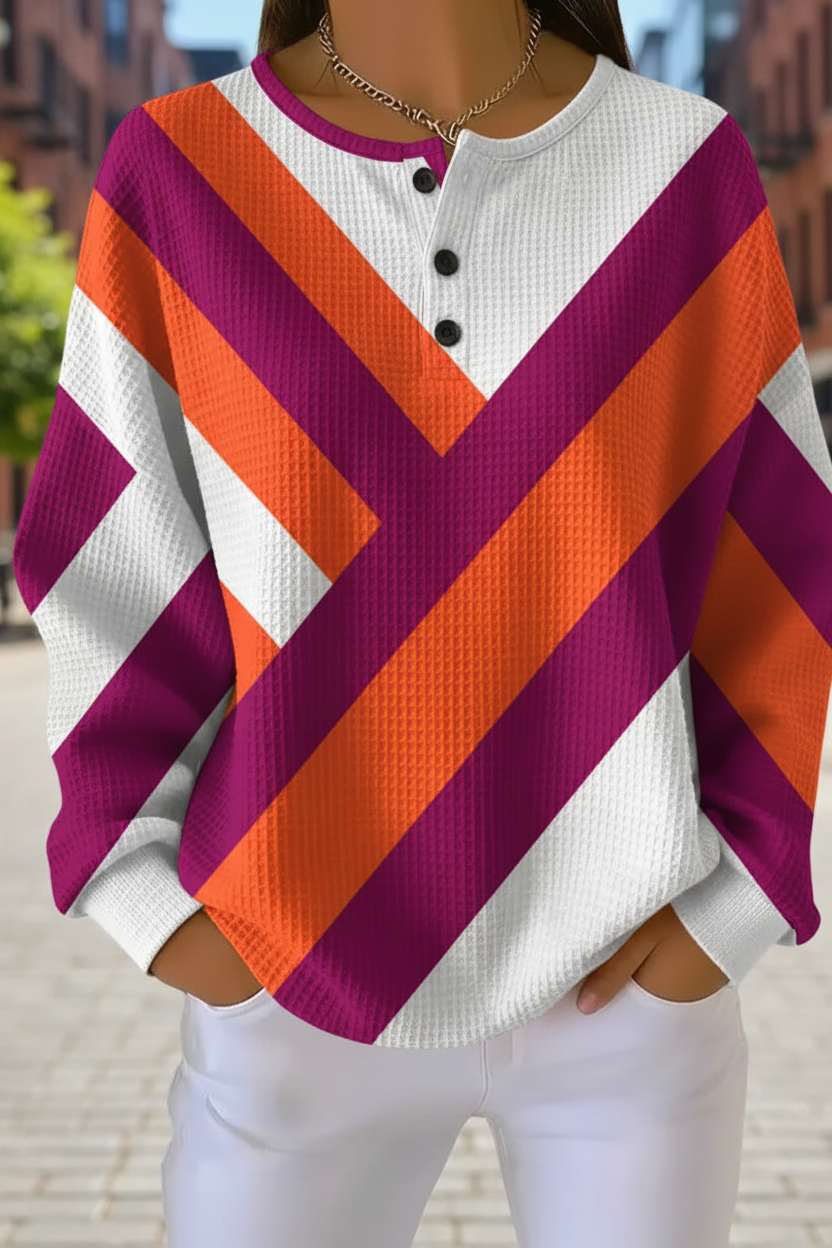 Geometric Chevron Waffle Knit Long Sleeve Henley Sweatshirt