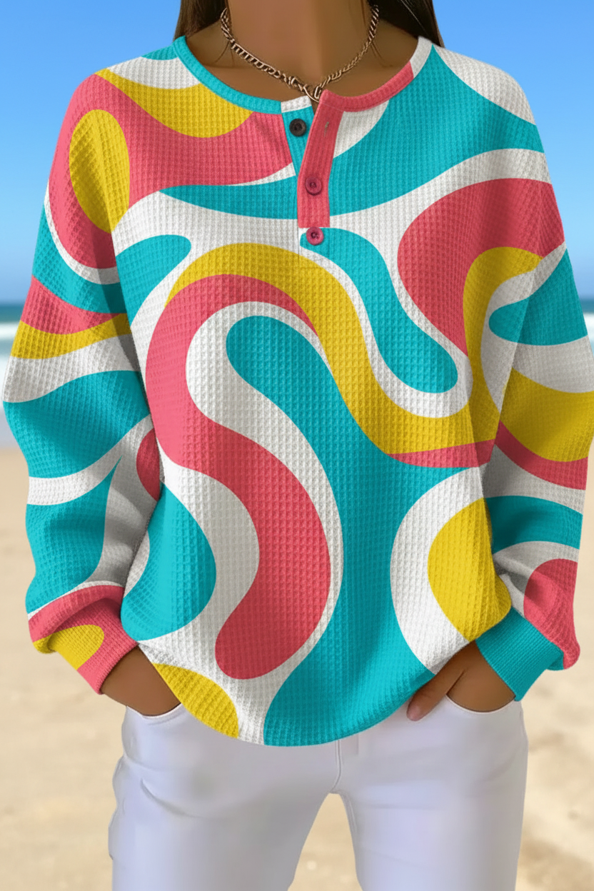 Abstract Swirl Print Henley Neck Long Sleeve Waffle Knit Top