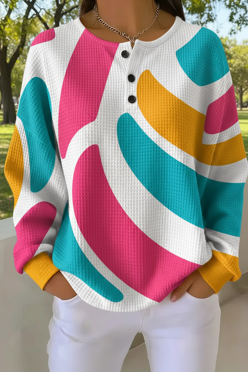 Abstract Print Waffle Knit Button Henley Sweatshirt