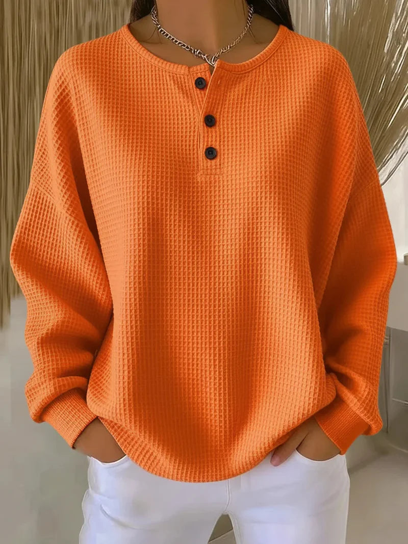 Waffle Knit Button Placket Long Sleeve Henley Sweatshirt