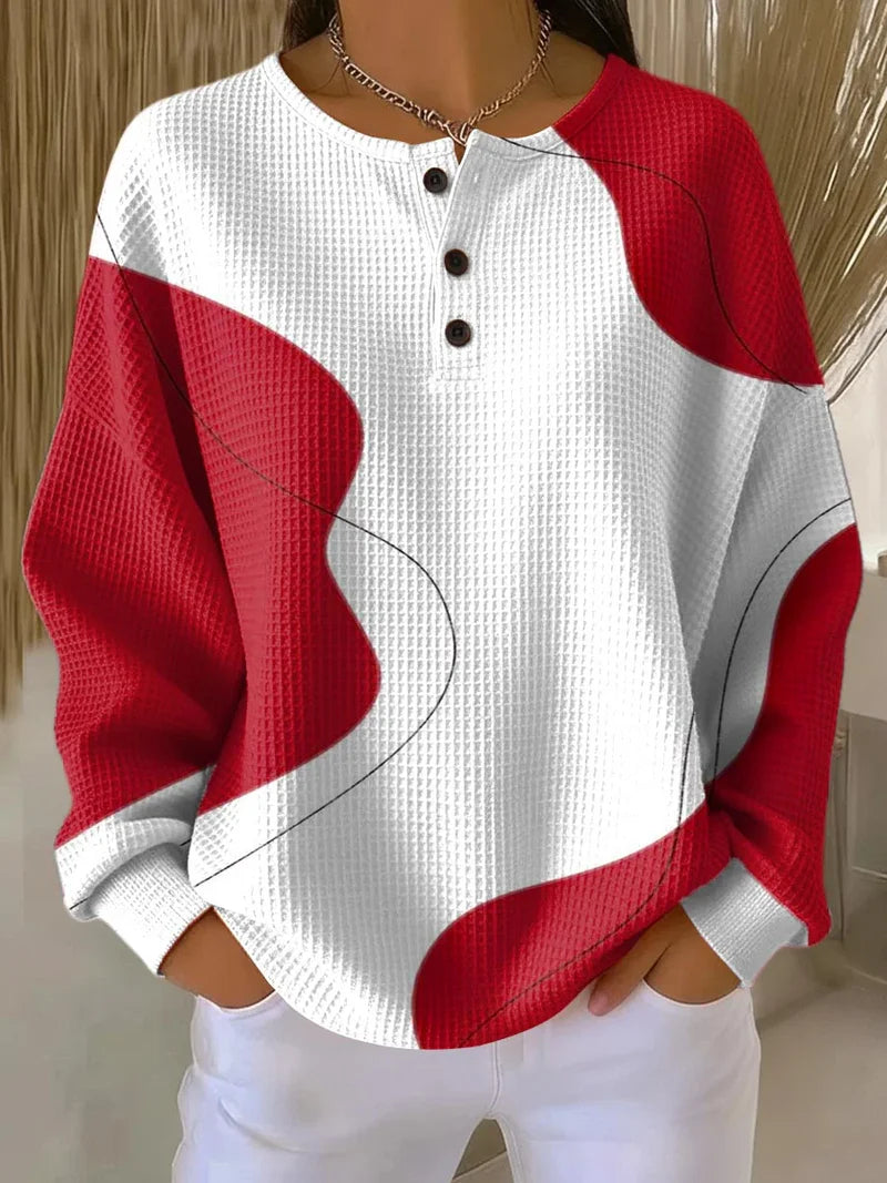 Abstract Wave Print Waffle Knit Long Sleeve Henley Sweatshirt